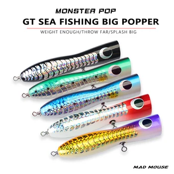 

MAD MOUSE 100g/200mm Topwater Wooden Popper Spitter GT Surface Popping Lures Sea Handmade Fishing Baits Open Ocean Angling