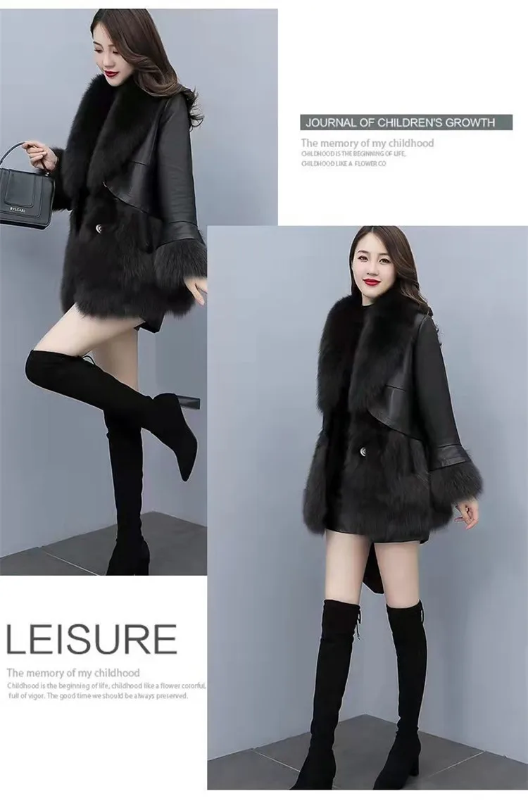 Black Fur Coat Women 2022 Winter New Temperament Slim Mid-length Outer Wear Fox Fur PU Leather Stitching Jacket Trend JD2066 parka jacket