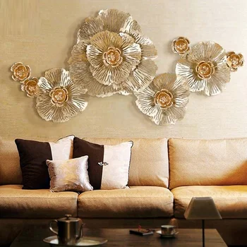 

Sales Luxury Gold Peony Flower 3D Wall Hanging Iron Craft Decoration Livingroom Sofa Background Mural Porch Mural Ornament R633