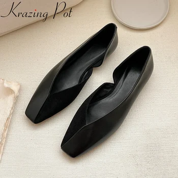

Krazing Pot genuine leather slip on ballet flats square toe shallow driving dance shoe solid dance sweet women spring shoes L1f1