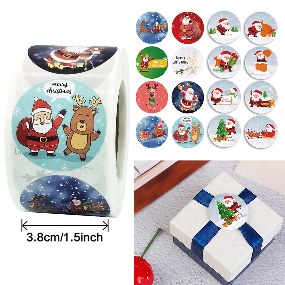 500pcs/roll 3.8cm Happy Christmas Round Stickers Label Gift Seal Label Scrapbooking Christmas Decoration Stationery Stickers