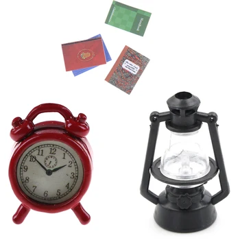 

1Set 1/12 Model Dollhouse Accessories Kids Toys Simulation Alarm Clock Retro Black Kerosene Lamp Books Simulation Notebook Toy