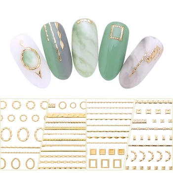 

1 Sheet Gold Metal 3D Nail Stickers Decals Self-adhesive Stripe Shape Mixed Patterns Transfer Nail Decals Nail Art Decoration
