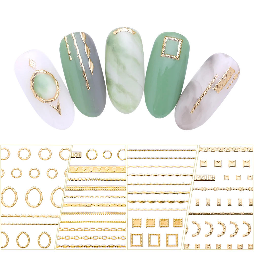 

Gold 3D Nail Sticker Simple Lines Strip Geometric Heart Mixed Patterns Beauty Design Decors Nail Art Adhesive Transfer Stickers