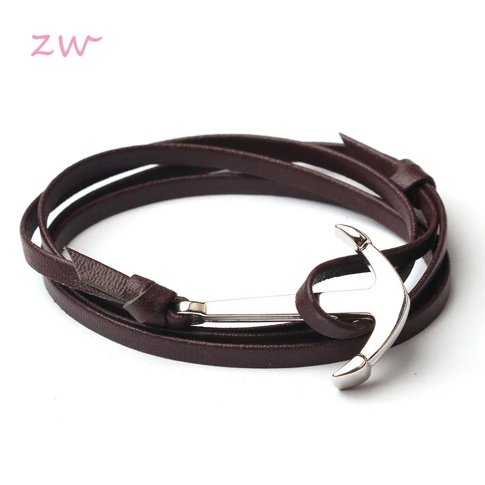 

2019 Unisex Men Women Anchor Silver Bracelet Jewelry Brown Black Rope Chain Leather Bracelets Trendy Bracelent Male 3C0301