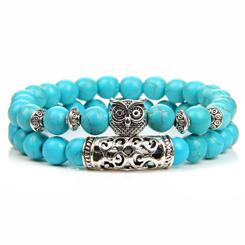 Natural Pink Zebra Stone Beaded Bracelet Women Owl Charm Lucky Energy 2pcs/set