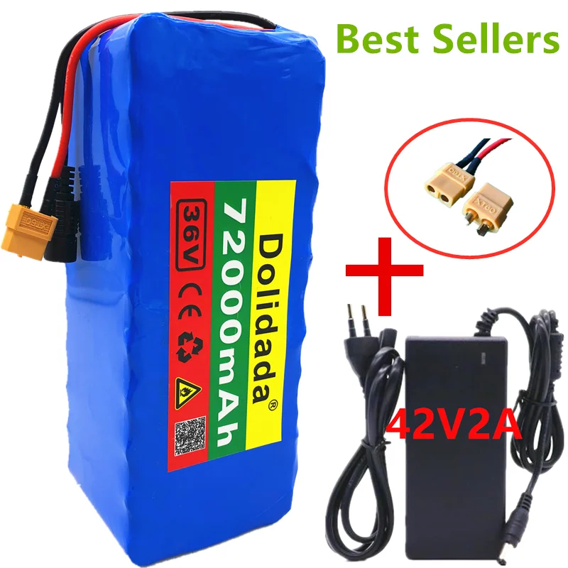 XT60 interface 36V battery 10S4P 72Ah Battery Pack 1000W high power 36V72000mAh electric bicycle BMS + 42v charger | Электроника