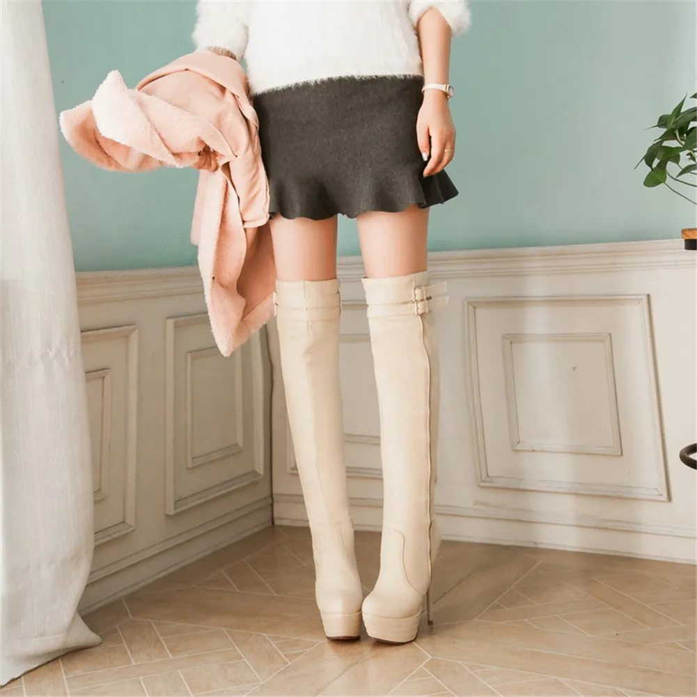 BONJOMARISA 31-46, новые сапоги на высокой платформе модная женская обувь на тонком высоком каблуке с ремешком и пряжкой пикантные Женские Сапоги выше колена