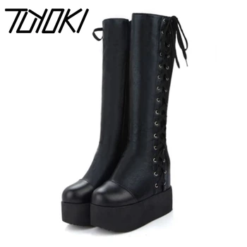 

Coolcept Women Thick Bottom Fashion Gladiator Winter Boots Round Toe Office Knee High Boots Shoes Women Footwear Size 34-43