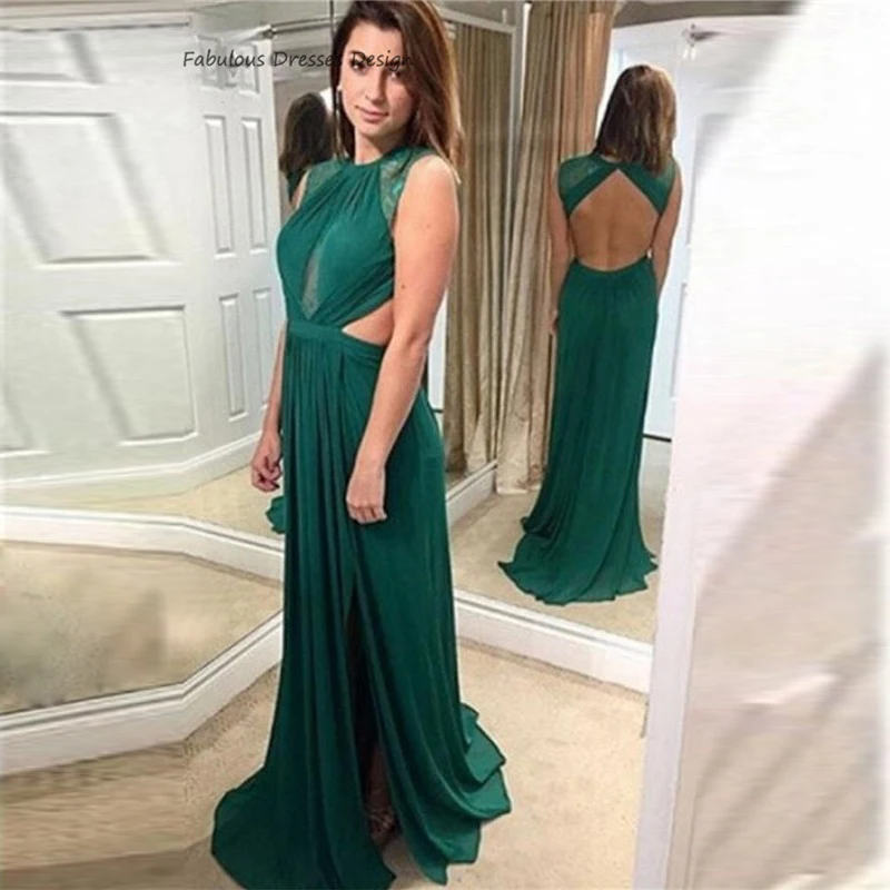 

2020 Halter A Line Prom Dresses Women Sexy Open Back Split Evening Dress Wedding Party Gown Chiffon Long Vestido De Festa