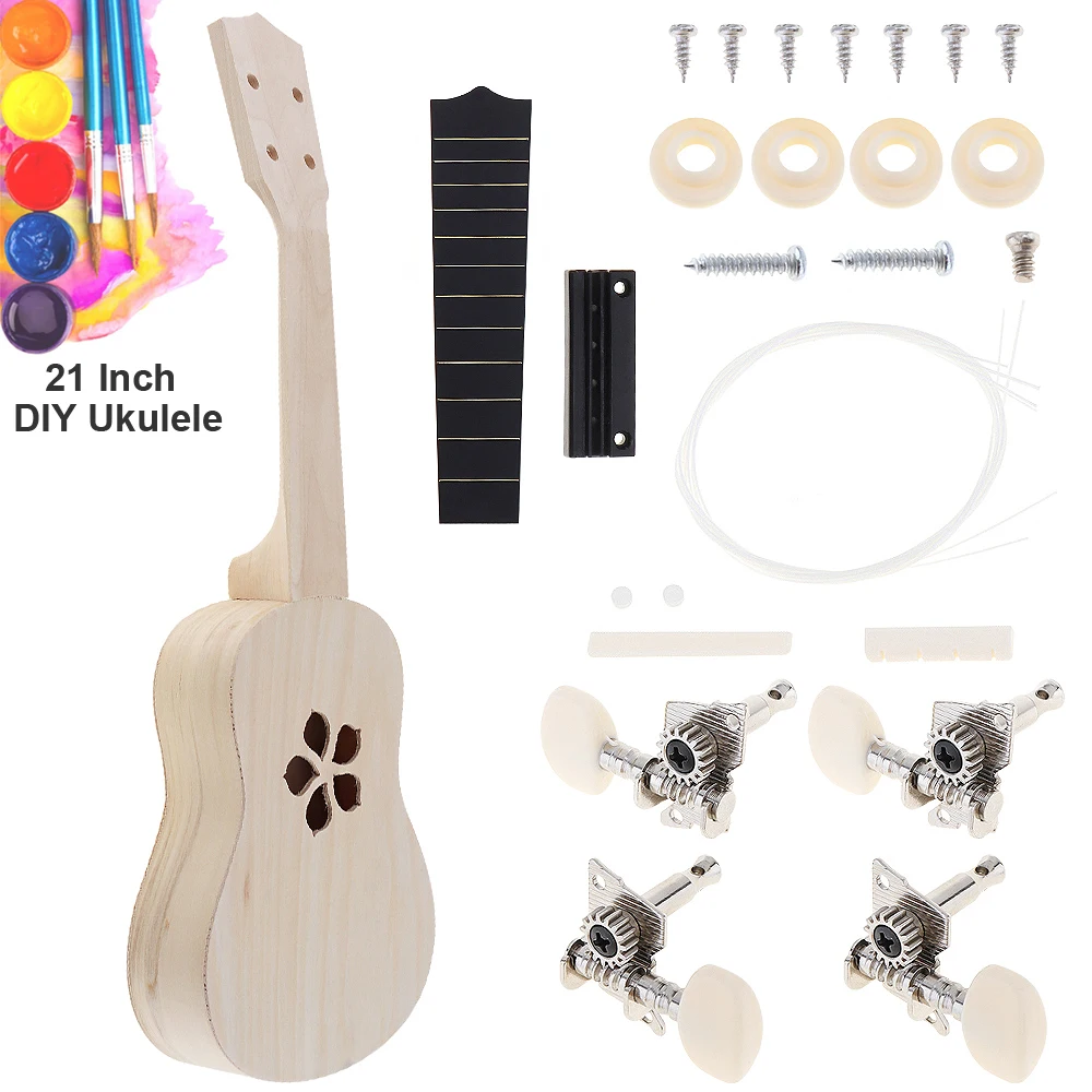 DIY Ukulele 21 Inch Kit Deer Sound Hole Basswood Soprano Hawaii Guitar Handwork Painting for Parents-child Campaign ukulele set