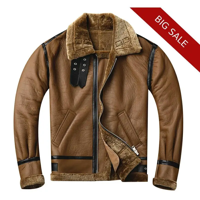 

2020 Brown Men World War II B3 Bomber Shearling Jacket Plus Size XXXL Genuine Sheepskin Russian Winter Military Shearling Coat