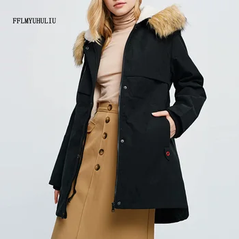 

Women's winter warm fur hooded Parker coat solid color loose lamb fur coat high quality pocket velvet cotton jacket