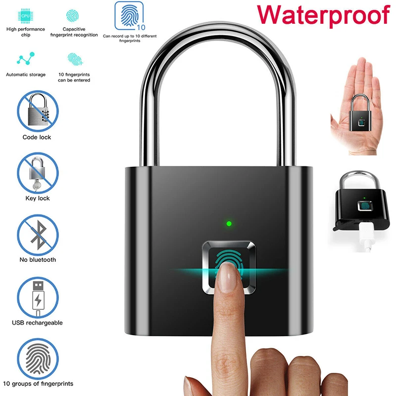 

Waterproof Fingerprint Smart Lock Keyless Padlock for Door Box Bag USB Charging Lock PUO88