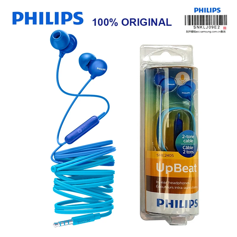 SHE2405-Blue Оригинальные Philips SHE2405 Проводные вставные наушники 3,5 мм с микрофоном Super Bass для телефонов Xiaomi huawei samsung - Цвет: SHE2405-Blue