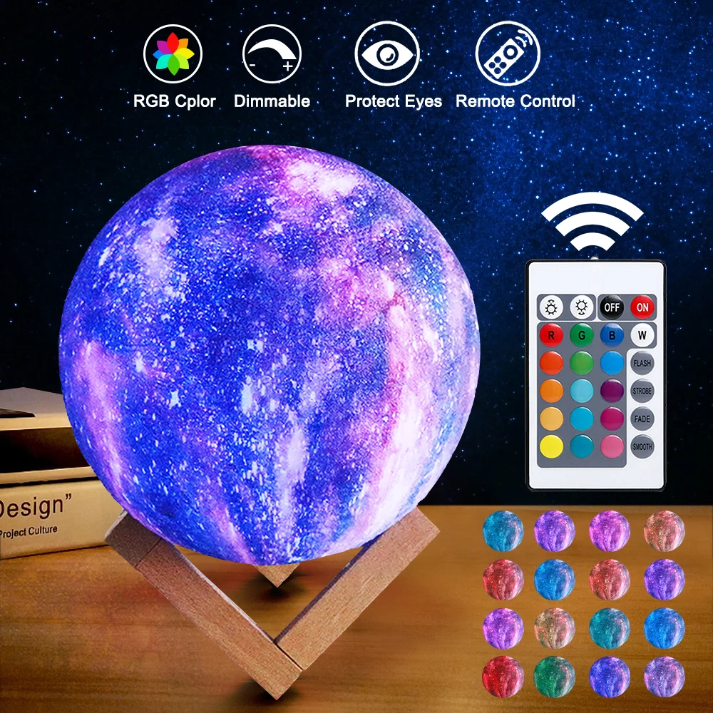 

3D Printing LED Night Light 16 Colors Change Moon Lamp Rechargeable Remote Control Creative Bedside Sleep For Children's Gift
