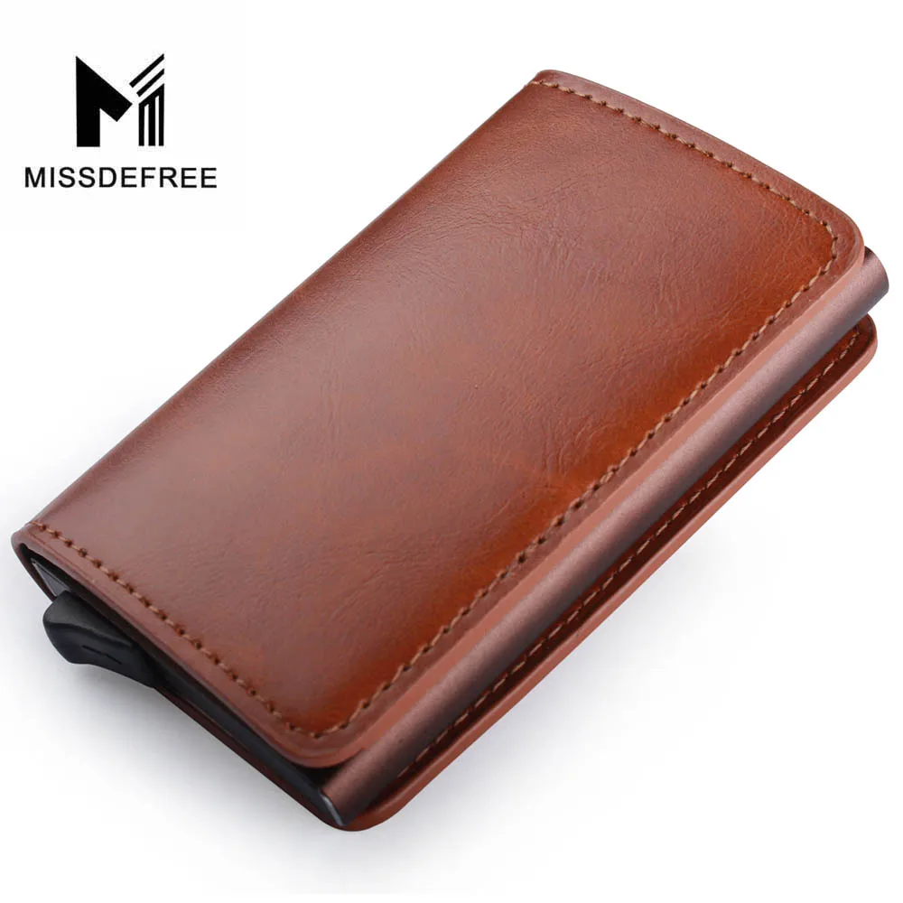 Алюминий бумажник с заднего кармана ID Card Holder RFID Блокировка мини-тонкий металлический кошелек автоматические всплывающие Кредитная карта монет кошелек - Цвет: Brown A