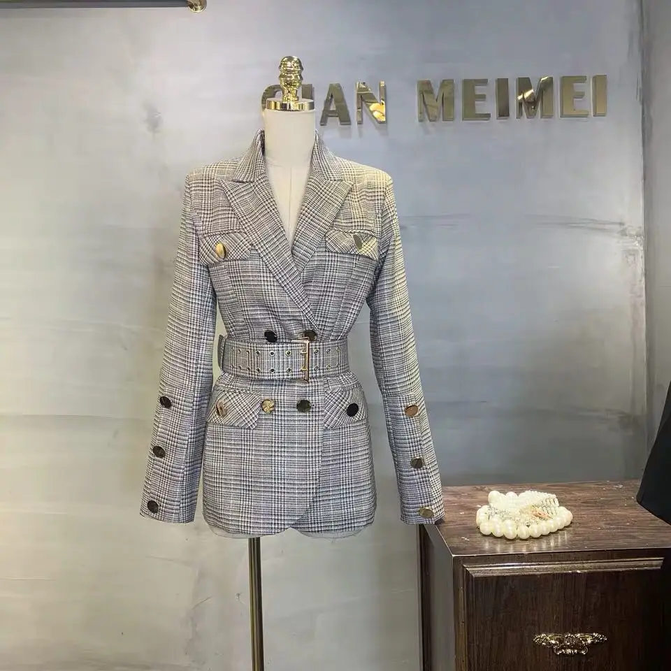 Офисная Леди плед Женский блейзер с длинным рукавом Тонкий пояса пальто Женская мода Осень