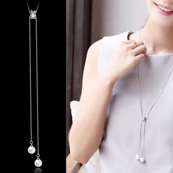 

Pearl sweater chain long women's simple pendant necklace jewerly Rolo Chain Anniversary Trendy white gold