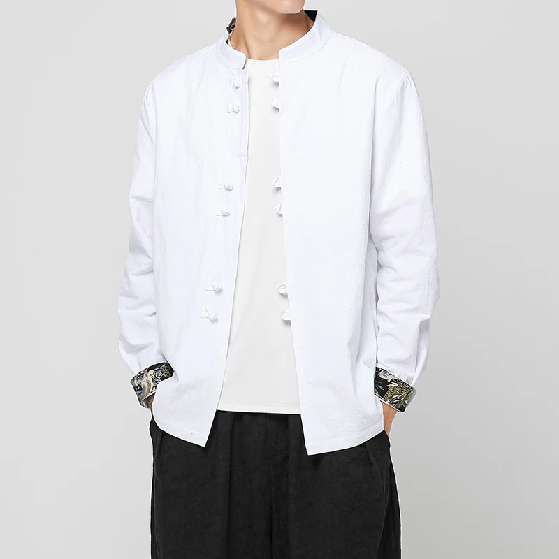 Sinicism магазин в китайском стиле новая льняная однотонная мужская одежда с длинным рукавом мужские свободные рубашки оверсайз однобортные мужские рубашки - Цвет: White(AsianSize)
