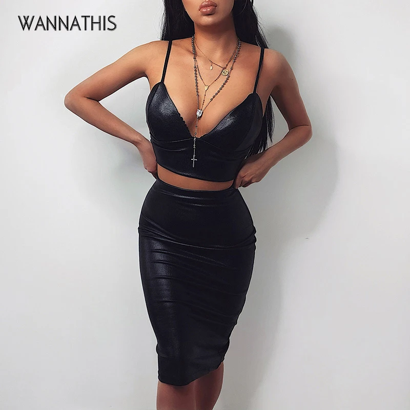 

WannaThis Sexy Women 2 Pieces Sets Crop Top and Knee-Length Skirt Sleeveless Backless V-Neck Skinny Black Slim Fashion Women Set