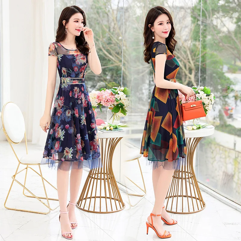 

2019 Summer New Style Elegant Waist Hugging Slimming Printed Crew Neck Long Skirts Big Hemline Chiffon Dress Women's