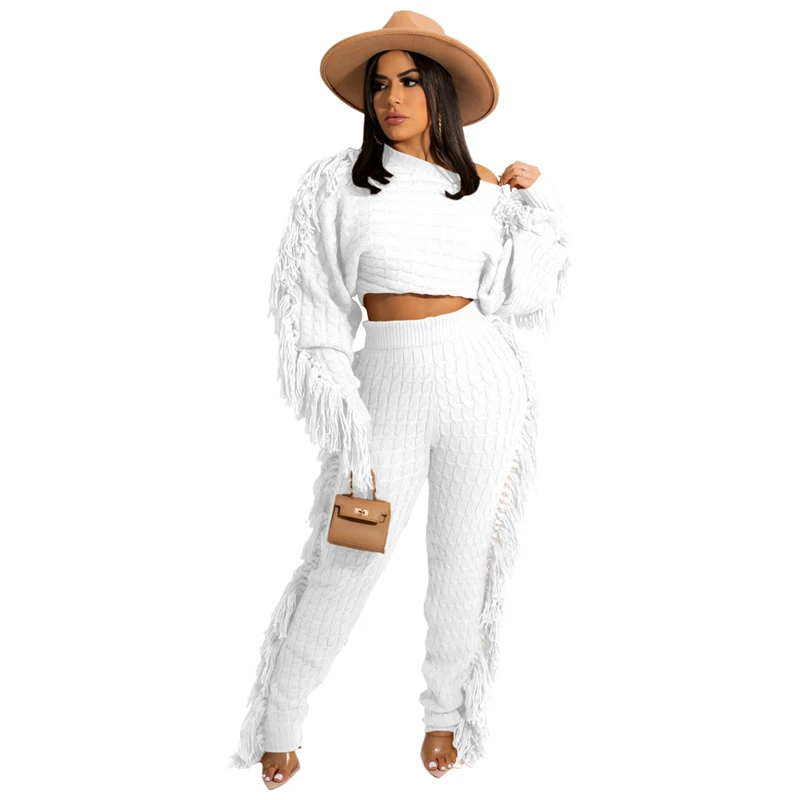 Ronikasha New Woman Tassel Sweater Two Piece Set Solid Long Sleeve Crop Top + Pants Fashion Autumn Winter Suits Tracksuit Outfit red jogging suit Suits & Blazers