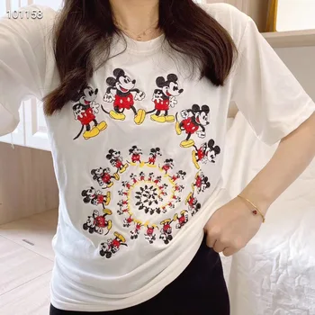 

2020 New Disney Mickey Mouse Women Shirts Donald Duck T-shirt Cartoon Embroidery Clothes Half Sleeve Pink Kawaii Korean Clothes