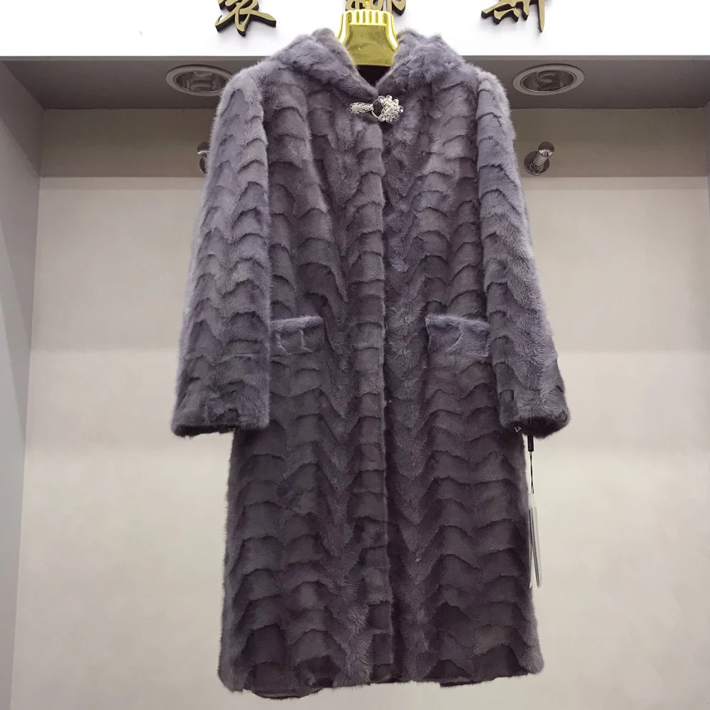 Новые длинные стильные женские пальто с капюшоном из натурального меха норки зимние женские Роскошные куртки из натурального меха норки толстый помпон из натурального меха