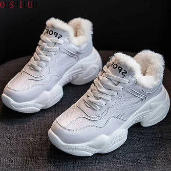 

Genuine Leather Chunky Sneakers Shoes Women White Casual Shoes Women Sneakers 2019 Winter Platform Snow Shoe Plush Fur