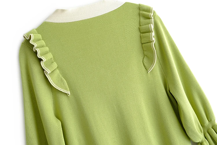 Vestidos Для Женщин, вязаное платье, осень, новое французское винтажное зеленое Черное Красное платье с бантом и деревянными ушками, платье с расклешенными рукавами