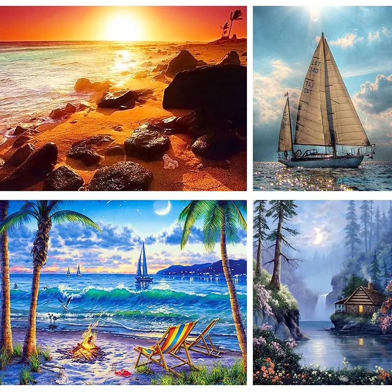 Full DIY 5D Diamond Embroidery Sea Sailboat Painting Vacation Sunset Mosaic Needlework Image Rhinestones Home Decor R63 | Дом и сад