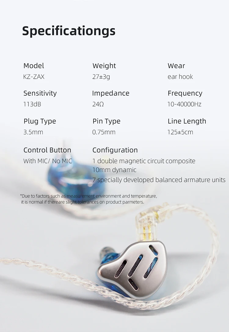 Kz zax 7ba+1dd in ear earphone 16 units hybrid headset hifi bass noise cancelling earphones