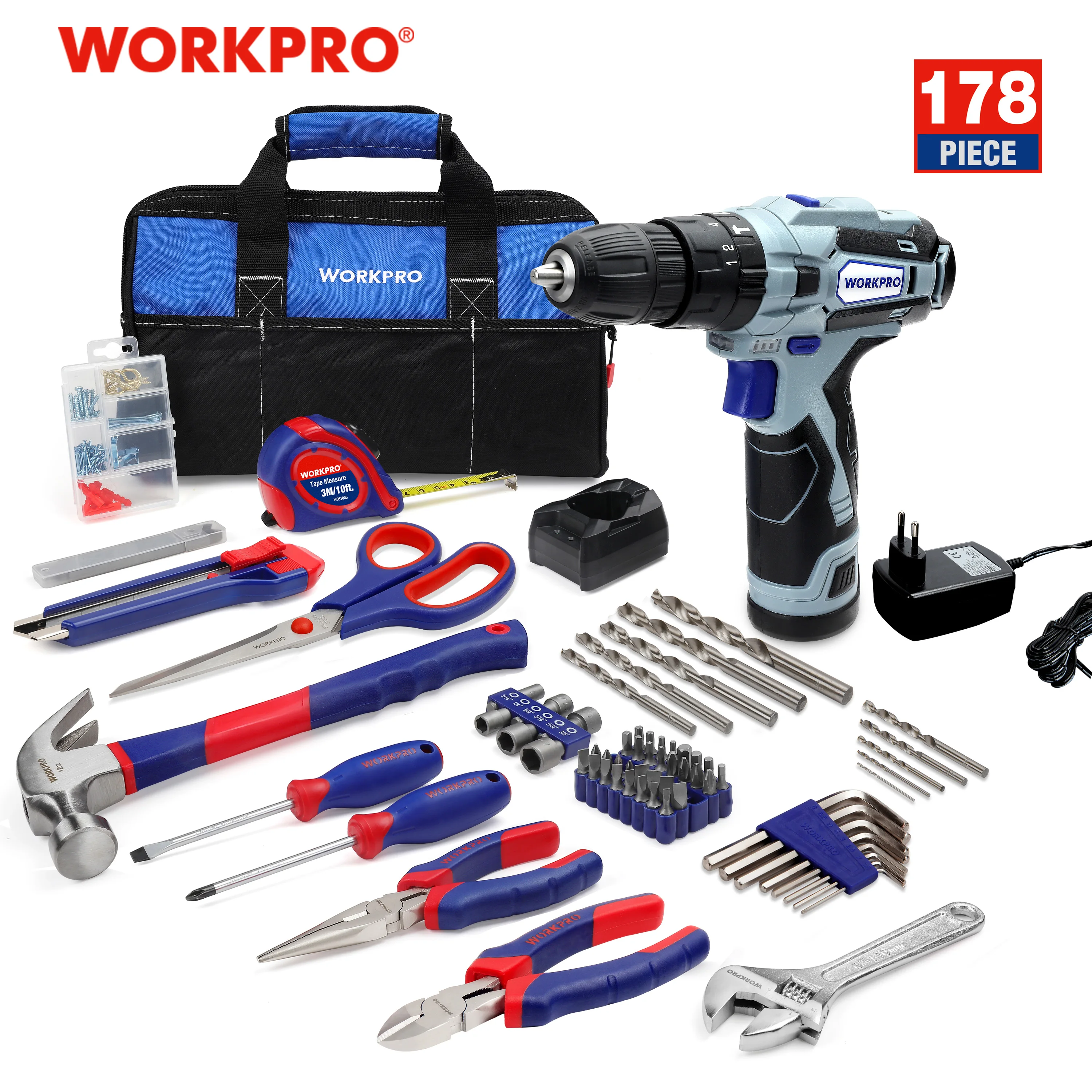 WORKPRO 178 шт. набор инструментов для дома с 12 В аккумуляторная дрель электрическая