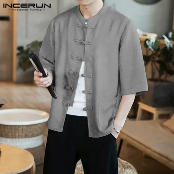 

2020 Chinese Style Shirt Men Solid Color Half Sleeve Retro Button Stand Collar Blouse Casual Male Tang Suit S-5XL INCERUN Camisa