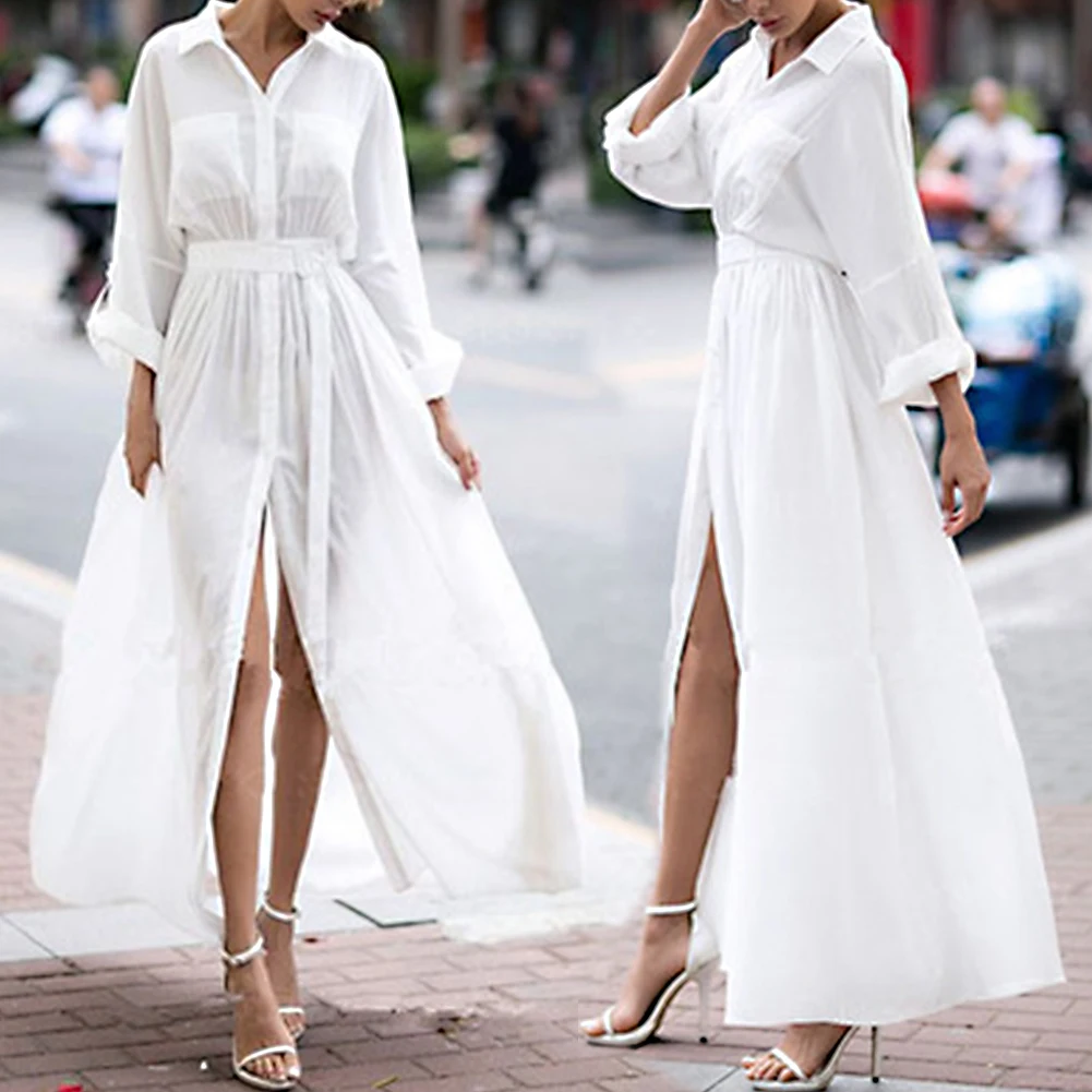 

Fashion Long Sleeve Big Swing Front Split Bundle Waist Sexy Button Chiffon White Bandage Gifts Women Dress Maxi Travel