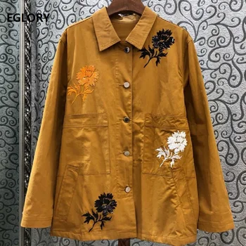 

High Quality Jacket 2019 Autumn Fashion Green Yellow Tops Coat Women Turn-down Collar Sequined Embroidery Single Breasted Coats