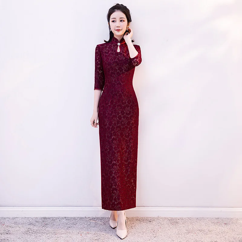 Черное Кружевное китайское свадебное платье женское платье-Ципао тонкое китайское традиционное платье женское длинное Qipao для свадебного платья