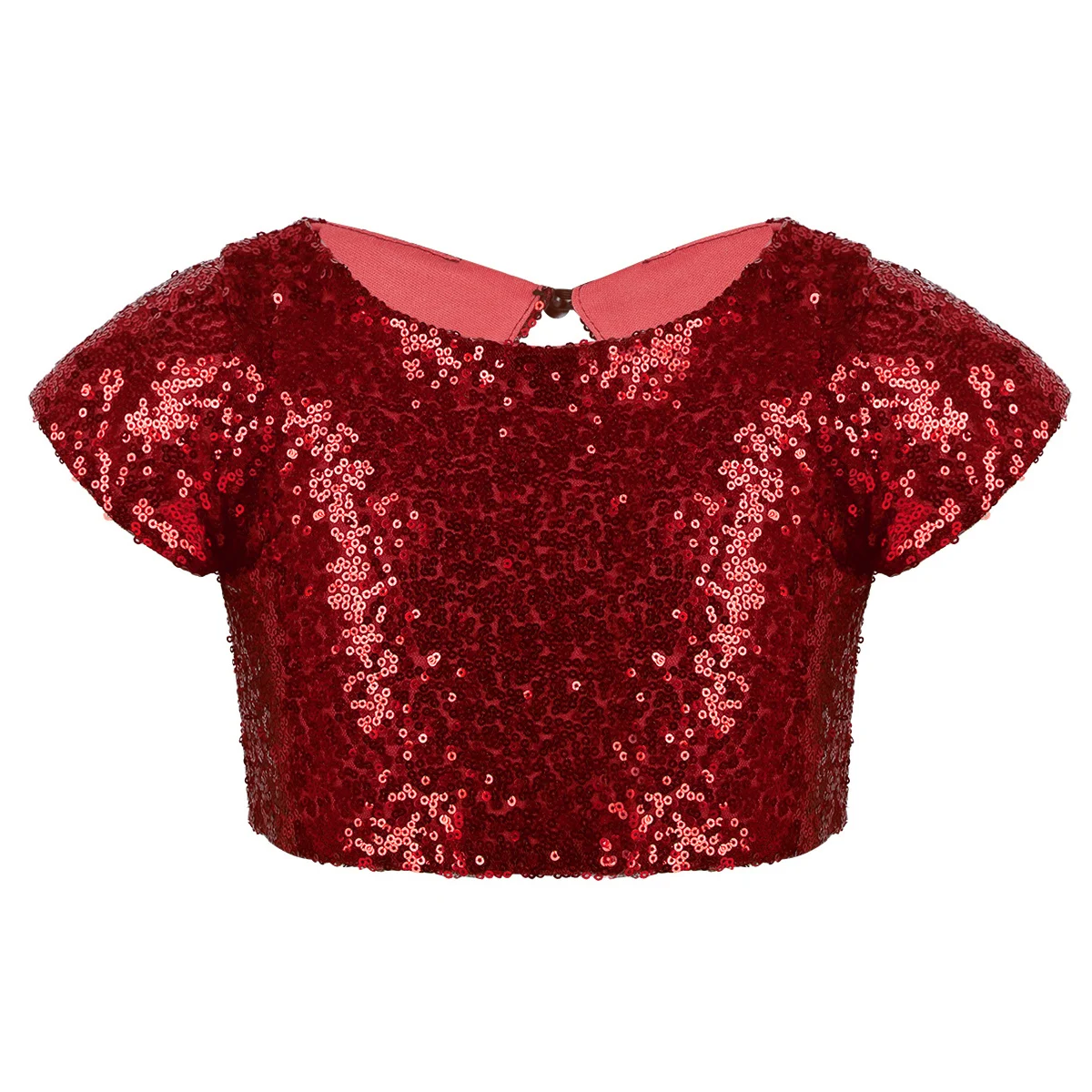Red FEESHOW дети девочки T рубашка Кепки рукавами блестящие пайетки вырез на спине Топ танцевальных сценических представлений День рождения, одежда на каждый день - Цвет: Red