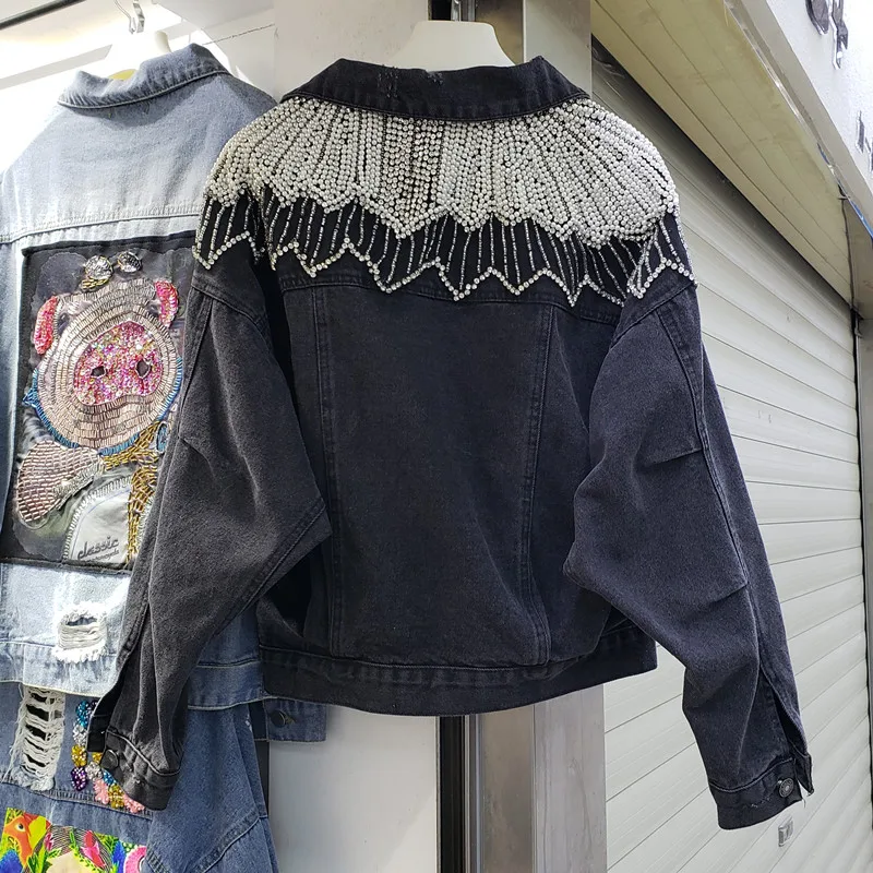 

2020 Spring Fall New Jean Jacket Woman Heavy Beaded Diamond Loose-Fit Jeans Coat Tops Black Jeans Jackets Students Denim Coats