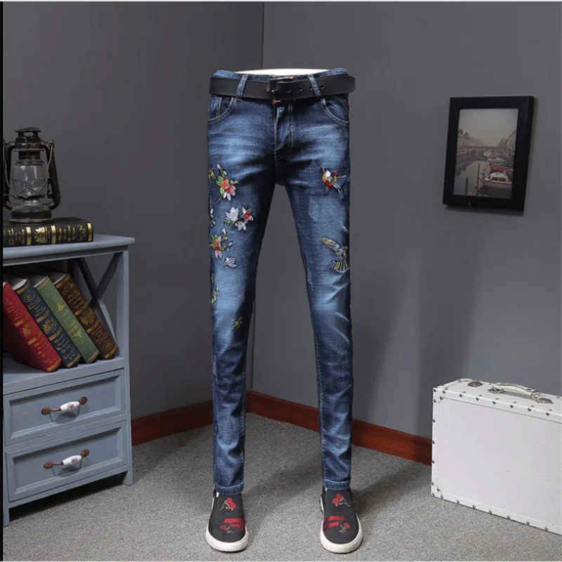

new printing flower jeans men's Chinese style slim feet embroidery fashion trend large size embroidery pants