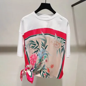 

Women T-shirt Spring / Summer 2020 Peony Flower Print Round Neck Short Sleeve Pullover Blouse