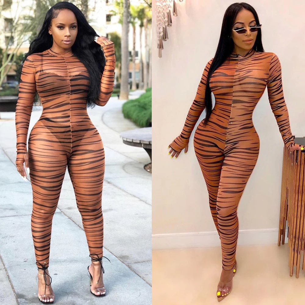 Для женщин Bodycon Clubwear комбинезоны с леопардовым принтом с длинными рукавами, сетка прозрачный уличная мода, Вечеринки Комбинезон