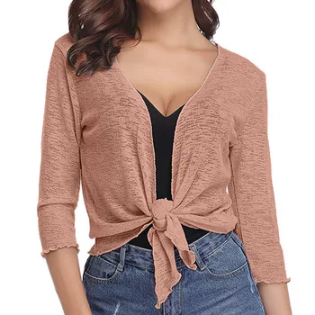 

New Autumn Women Cardigan Tops Blouse Solid Sheer Shrug Open Front Cropped Three Quarter Sleeve camisas mujer 2019 elegante h1