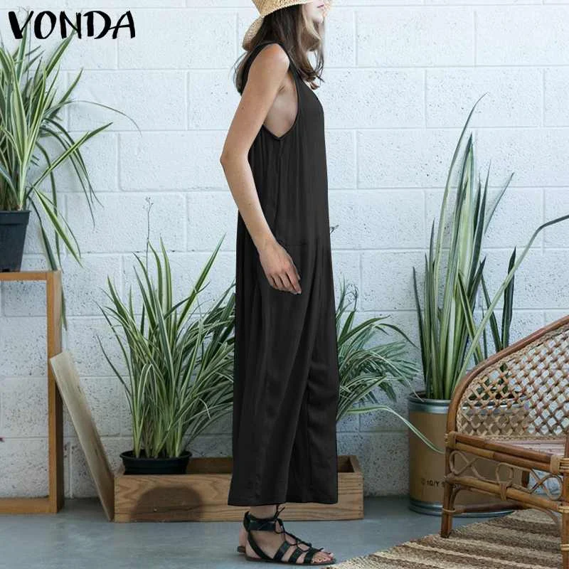 VONDA, женский комбинезон, S-5XL, Повседневный, свободные, широкие, брюки,, сексуальный, без рукавов, полый, длинный, спортивный костюм, Модный комбинезон, S-5XL