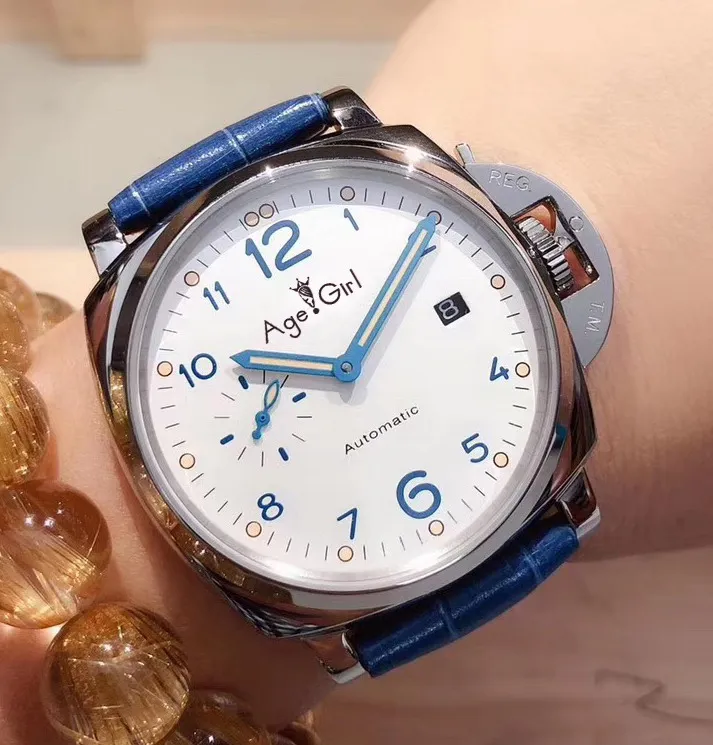 

Luxury Brand New Automatic Mechanical Lady Women Black Blue Leather Sapphire Stainless Steel White Dial Sport Due Watches AAA+