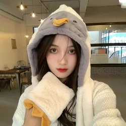 Plush Hat Winter Cartoon Penguin Integrated Hat Plush Thickened Female Outdoor Wind and Cold Proof Scarf Cover Hat