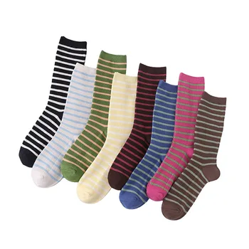 

5Pairs Japanese Style Striped Crew Socks School Girls Cute Striped Knit Hosiery Elastic Winter Warm Cotton Retro Long Socks