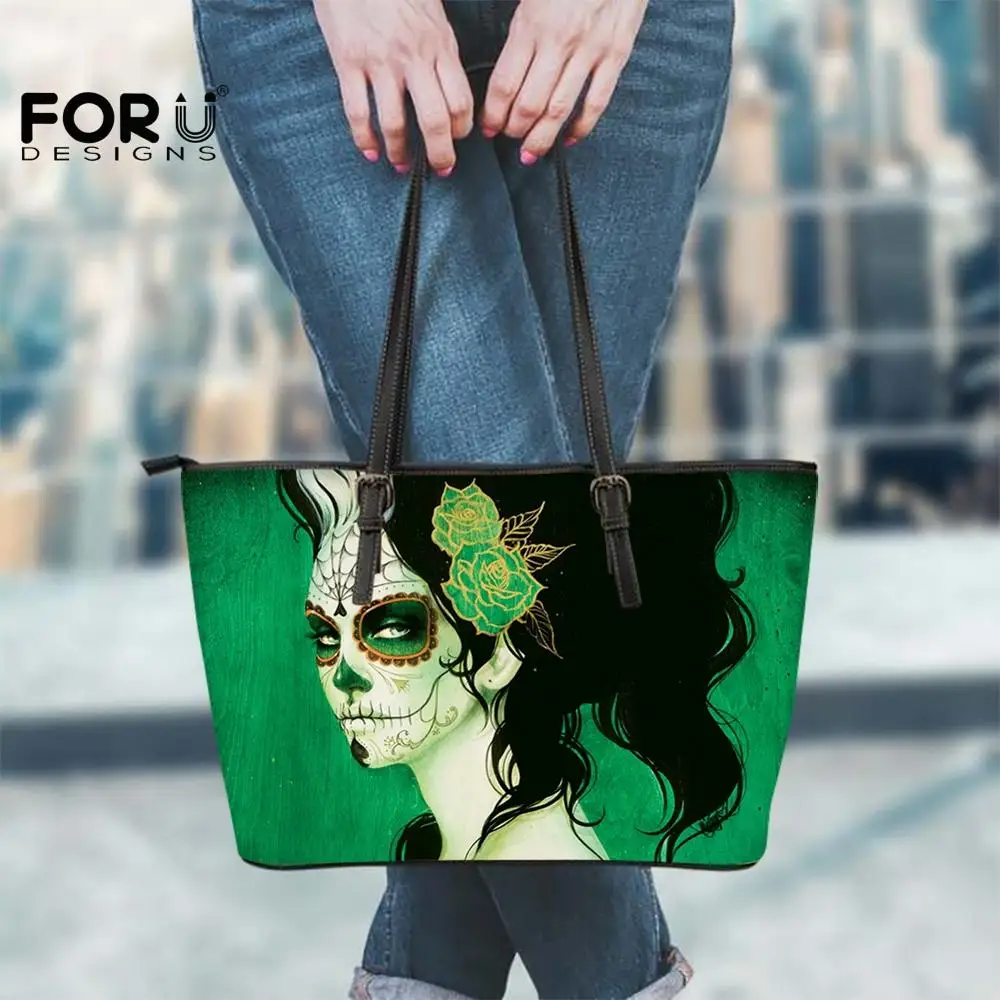 

FORUDESIGNS Female Leather Tote Handbags Green Calavera Girls Day Of The Dead Zombie Gothic Sugar Girl Print Women Hand Bags New