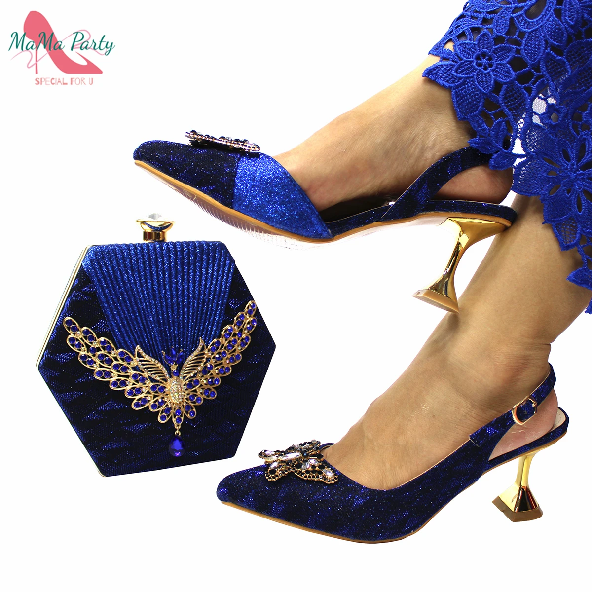 

2021 New Design Italian Women Shoes and Bag Set in Royal Blue Color High Quality Slingbacks Pumps for Wedding Party